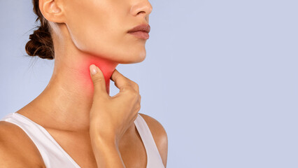 Healthcare, Cold and People Concept. Closeup of unrecognizable sick woman suffering from sore...
