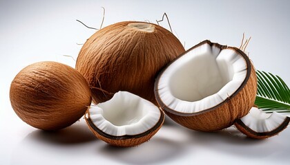 Whole and halved coconuts on white background