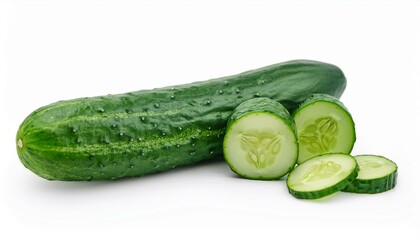 Fresh green cucumber, sliced and whole.