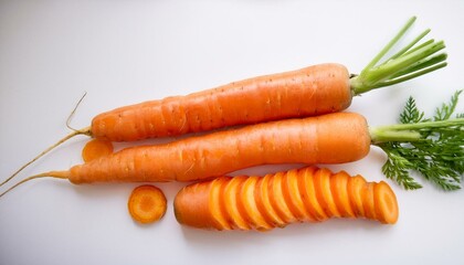 Two fresh carrots with vibrant orange hues and lush green tops, sliced and ready.