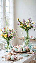 Easter Eggs and flowers on a Rustic Kitchen Table