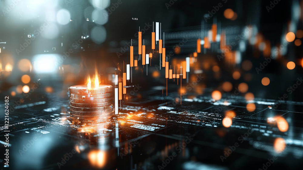 Poster Glowing Cube Amidst Dynamic Financial Data Visualization Abstract Representation of Market Growth and Stability