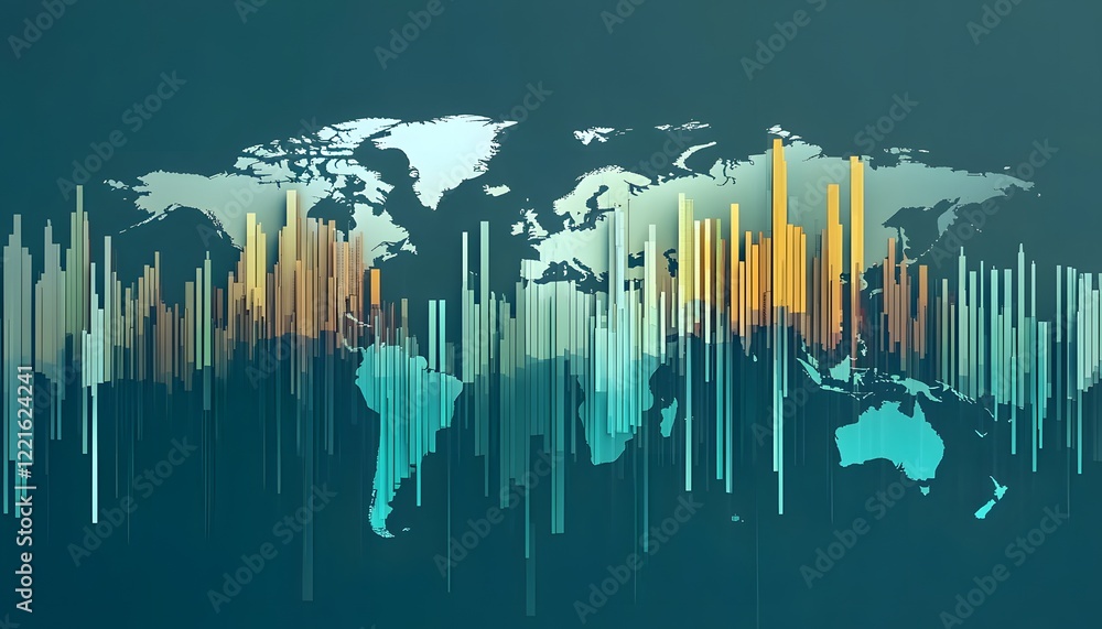 Poster stunning digital representation of a global map with vibrant data visualization. ideal for tech, ana