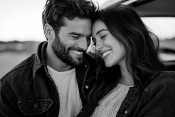 A beautiful black-and-white photo of a couple sharing a joyful moment, capturing their smiles and affection in a candid setting, radiating love and warmth in their expressions.