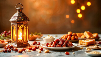 Fototapeta premium A Ramadan background with a lantern burning, casting a soft, golden light on a table laden with dates, baklava, and other traditional Ramadan treats