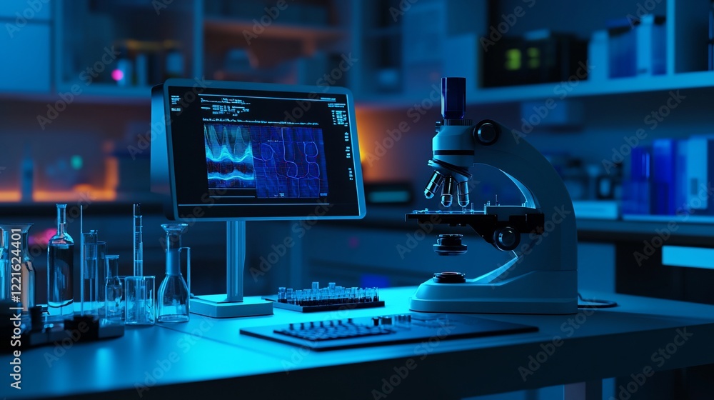 Poster night in the lab: microscope and computer screen displaying scientific data