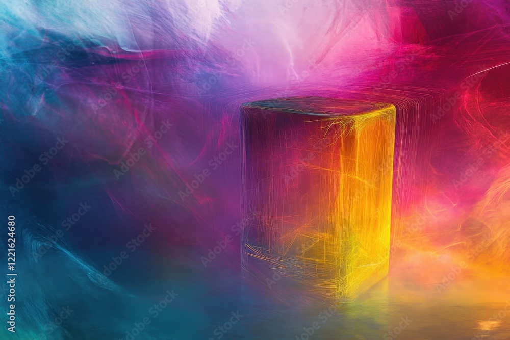 Poster vibrant abstract composition with a glowing cube on a colorful background