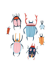 Collection of colorful and stylish bug illustrations on a white background. A vertical postcard design ideal for nature-themed projects, decorative art, and creative insect-inspired concepts. Vector