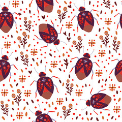 Playful vector pattern featuring red bugs, floral elements, and dotted accents on a whit background. Perfect for textiles, wallpapers, gift wrap, and creative designs with a bold, nature-inspired them