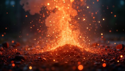 Fototapeta premium Fiery glowing particles, sparks explode from mound of hot burning earth. Bright orange, red flames erupt. Visualizes intense heat, energy. Abstract photo burning material. Looks like eruption