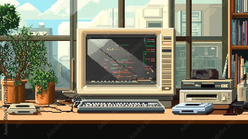 Poster retro pixel art: 80s computer setup with city view