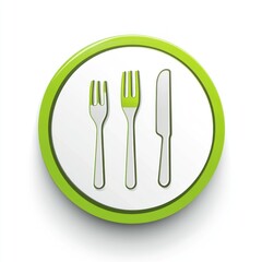 Green button with eating utensils.  Simple icon for a restaurant menu