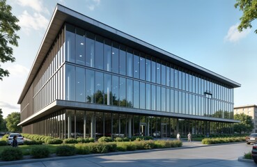 Fototapeta premium Modern office building with many windows, metal roof. Business complex exterior on sunny day. People walk near entrance. Urban setting. Large building exterior. Modern architecture. Commercial