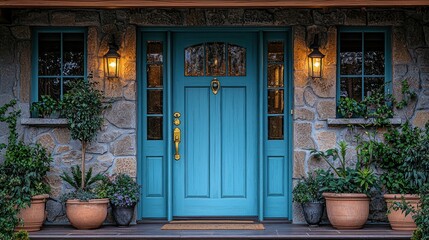Fototapeta premium Charming Teal Door Entrance of a Stone House