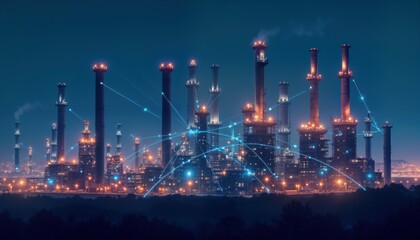 Fototapeta premium Industrial complex at night. Modern tech connects plant parts. Energy production. Future of industry. City skyline seen in distance. Illuminated structures show nighttime activity. Complex network