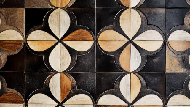 Black and white photo of a patterned floor with a brown and tan design. The pattern is made up of squares and triangles, and the colors are brown and black. The photo has a vintage feel to it