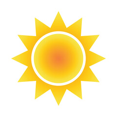 Shining realistic sun with rays icon for weather design. Hot temperature. Sunshine symbol. Yellow sun star icon  Summer, sunlight, nature, sky. Vector illustration isolated on white background.