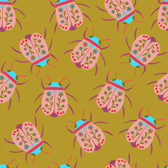 Stylish pattern featuring bugs with floral elements on a golden, yellow-green background. A complex and elegant design with folk art vibes, perfect for textiles, wallpapers, and creative projects