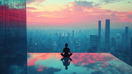Fototapeta premium Arafed person sits on a ledge, gazing at a city skyline bathed in the warm hues of a sunset, capturing a moment of reflection and tranquility.