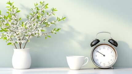 A clock and a cup rest on a table beside a vase, creating a simple yet elegant tabletop arrangement.