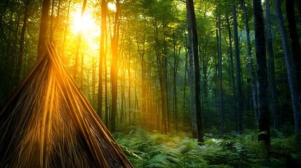 Fototapeta premium Sunlit forest path, ferns, morning light, tranquil nature scene, eco-tourism
