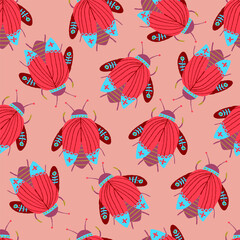 Stylish vector pattern featuring bugs with floral motifs on a pale pink background. The red-pink color palette and folk art influence make this design perfect for decorative projects and modern design