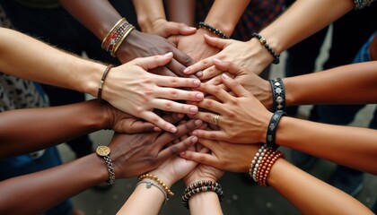 Diverse hands interlocked display unity, harmony. People of various ethnicities join hands togetherness, acceptance. Hands show powerful visual of diversity, solidarity. Multiracial group demonstrate