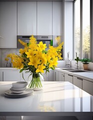 gelber Blumenstrau&szlig; in einer modernen, wei&szlig;en K&uuml;che