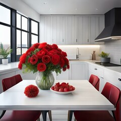 Roter Blumenstrauß in einer modernen, weißen Küche