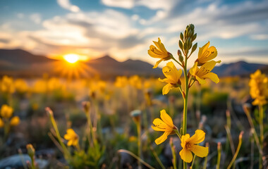 Scenic image of Mule Ear wildflowers at sunrise in the Wasatch mountains of northern Utah