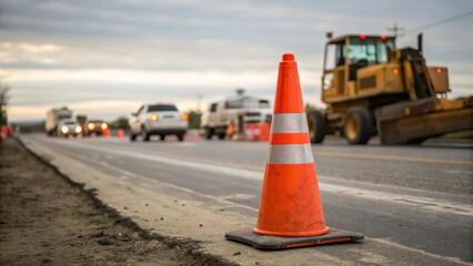 Traffic cone driving street vehicles. Construction scene featuring an orange traffic cone on a road with machinery and vehicles in the background.