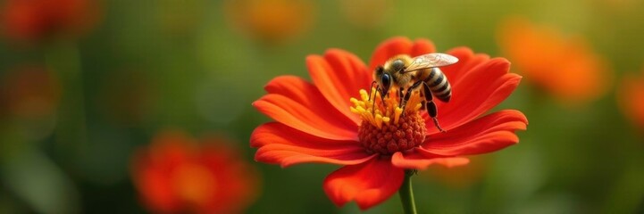 Fototapeta premium Honeybee collecting nectar from a single red flower, natural world, bee