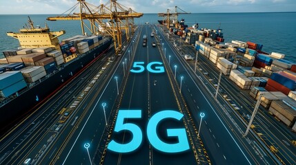 Modern shipping yard with large cranes and cargo containers, featuring bold 5G text overlaid on the road.