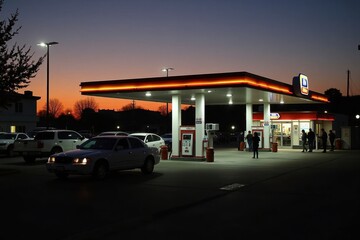 Fototapeta premium A busy gas station at sunset, with cars fueling up and bright neon signs glowing in the dusk. A few people are chatting near the convenience store