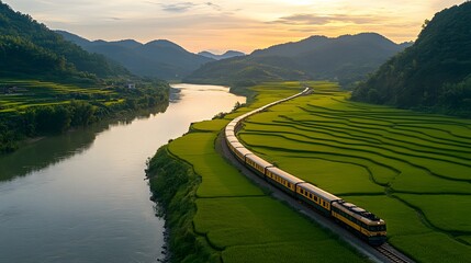 Scenic Train Journey Through Green Rice Fields at Sunset