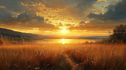 Fototapeta premium Golden Sunset over Calm Water and Grassy Field