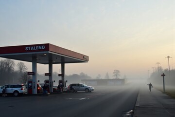 A gas station at dawn, with mist rising from the ground and a few early morning commuters refueling...