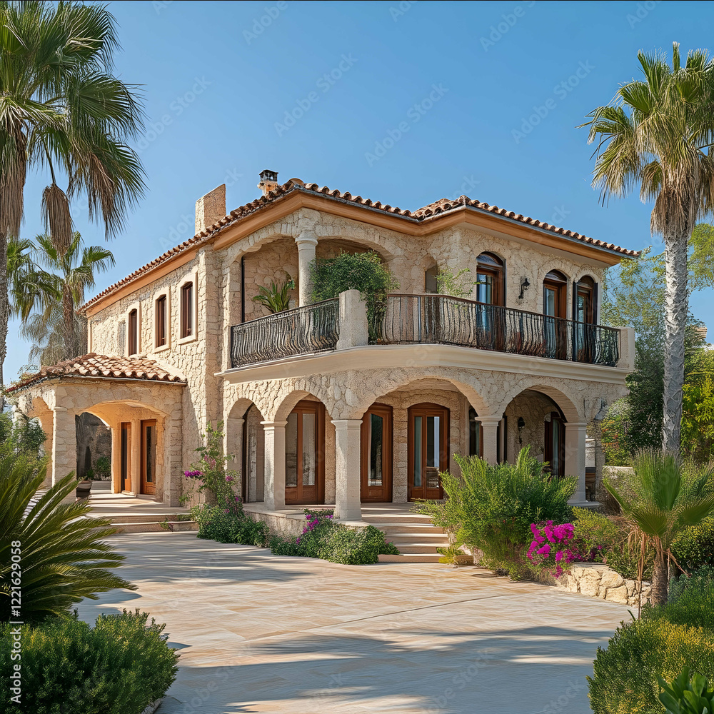 Fototapete a villa in Paphos with lots of palm trees surrounding the house with a moden and classic texture and theme a poopl and its on the side of a clif with railings on the f