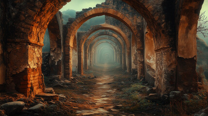 Ancient Stone Archway Ruins in a Misty Landscape