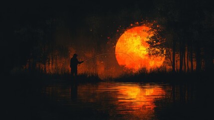 Fototapeta premium Solitary Fisherman Under a Crimson Moon