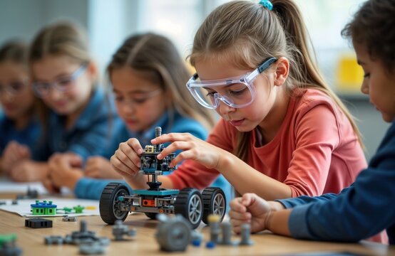 Young girls in classroom build robot. Focused, wearing safety glasses girls assemble tech device. STEM education taking place in busy school environment. Children learn, develop skills in fun,