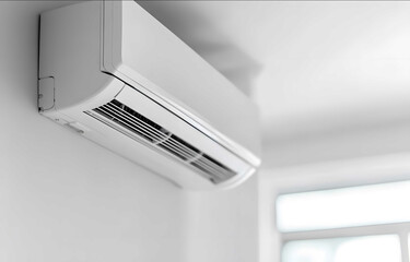 A white air conditioner is mounted on the ceiling a closeup of an air vent in front view The indoor light shines from above and below to illuminate the room There wa