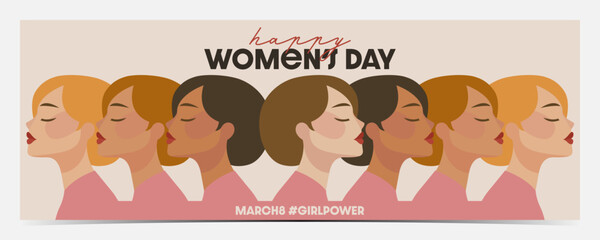 International Women's Day, March 8 banner, cover, poster, greeting card, label, flyer with women silhouettes in natural color tones, beige background, vector illustration