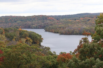 Autumn landscape with trees and lake near Interstate State Park in Taylors Falls, Minnesota. 