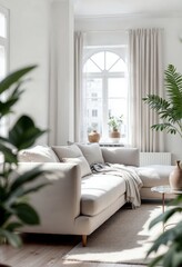 Fototapeta premium Comfortable sofa illuminating bright living room with plants