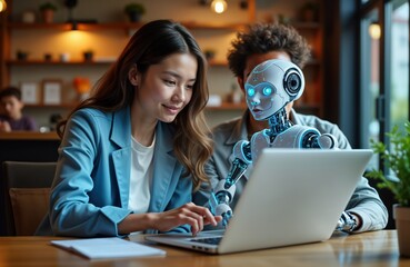 Woman, robot work together on laptop in cafe. Woman types on laptop. Robot looks at laptop. Futuristic concept of AI assistant helping student write essay. Student uses AI tool for essay writing.