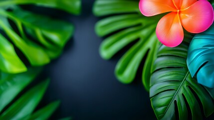 Obraz premium Tropical flower leaves dark background summer design