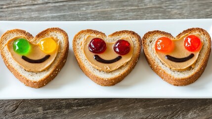 Heart shaped peanut butter and jelly sandwiches decorated with smiley faces fun snack kids' lunch!