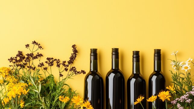 Four wine bottles nestled amongst wildflowers against sunny yellow background vibrant natural scene