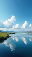 Horizon over lake with strip of land separating sky and water, landscape, nature